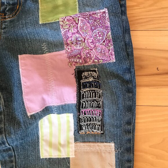 Boho Patch Jeans, 10P: Upcycled Hippie Pants, Paris Theme, Decorative Stitching - Picture 8 of 10
